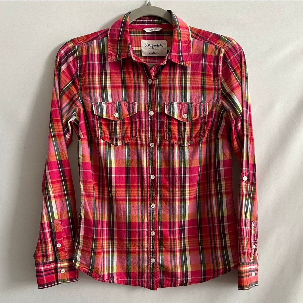 Aeropostale Plaid Button Up Shirt Women S Pink Orange Y2K Indie Sleaze Western